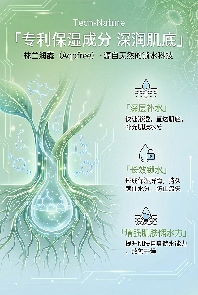 科技自然风排版。主标题「专利保湿成分 深润肌底」，副标题「林兰润露（Aqpfree）・源自天然的锁水科技」，左侧为抽象植物根茎与水分子结合的可视化插画，右侧分栏文字解析成分功效：「深层补水」「长效锁水」「增强肌肤储水力」，背景为浅绿渐变 + 科技感线条，文字统一无衬线字体，突出科技与自然结合的成分卖点。
