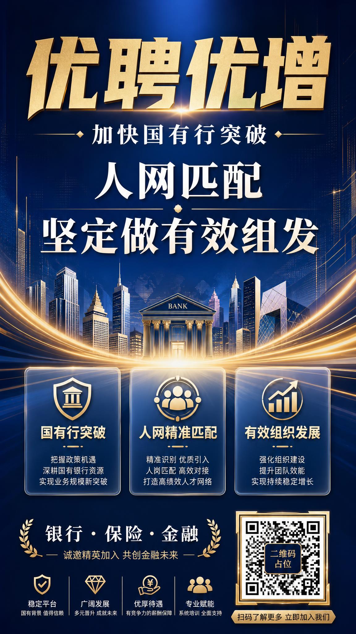 银行保险行业增员招募海报，专业商务风格，蓝金配色，大气稳重。画… - 图片创意预览