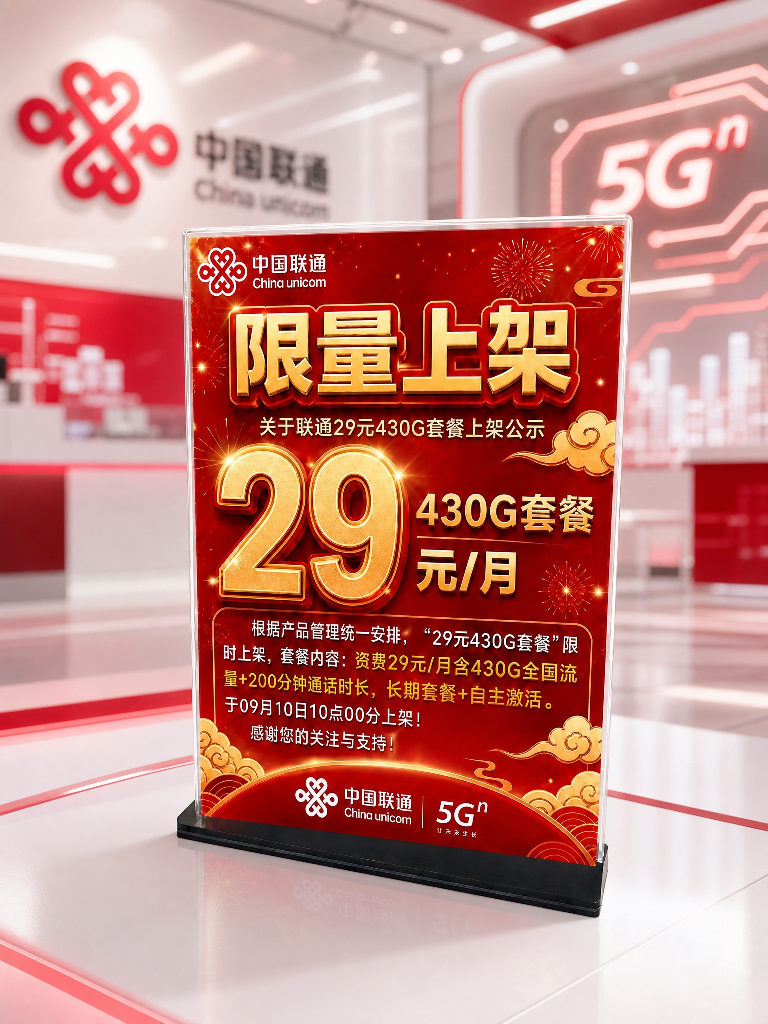 将背景替换为带有中国联通品牌元素的高端场景，背景中融入中国联通… - 图片创意预览
