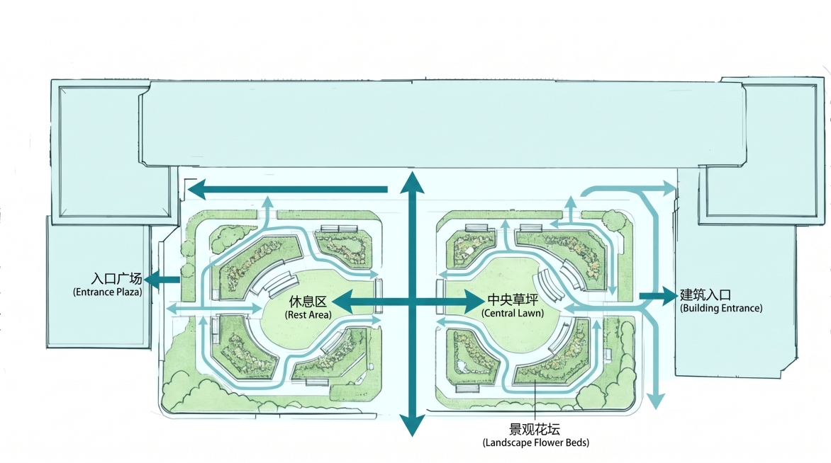 根据提供的景观平面图，生成人流动线图，用清晰箭头标注主要人流方向，区分不同等级的人流动线，保持浅青绿色调，简约干净的专业规划图风格，标注主要功能区域预览效果
