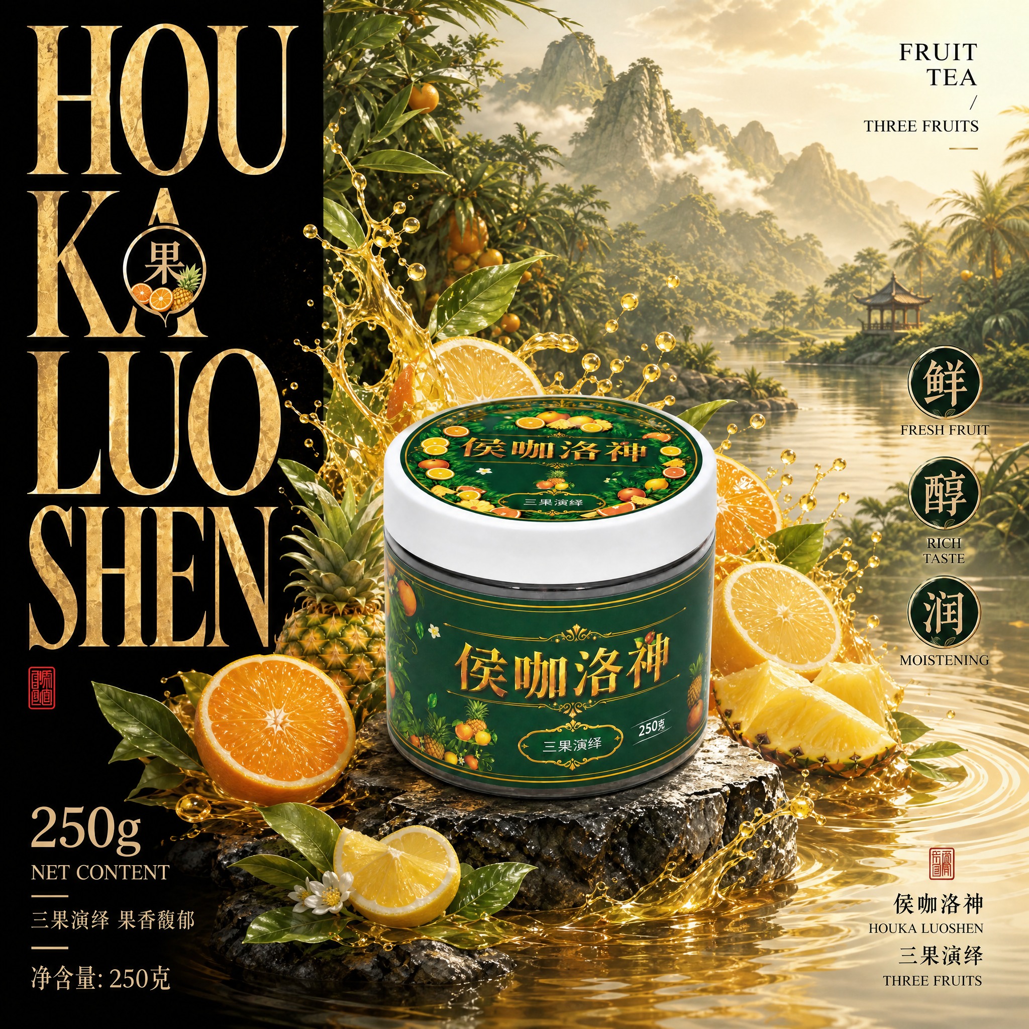 参考提供的高端国风茶海报风格，生成三果演绎水果茶口味的同风格主… - 图片创意预览