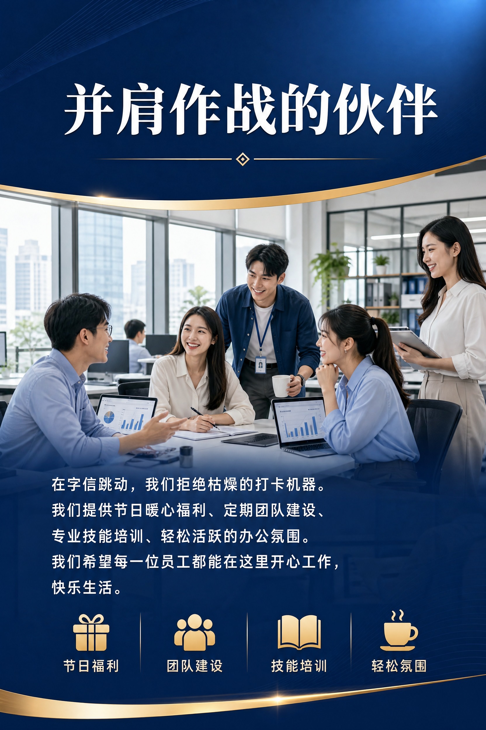 企业宣传册内页，团队与福利介绍，蓝金商务风格，A4竖版。参考图… - 图片创意预览
