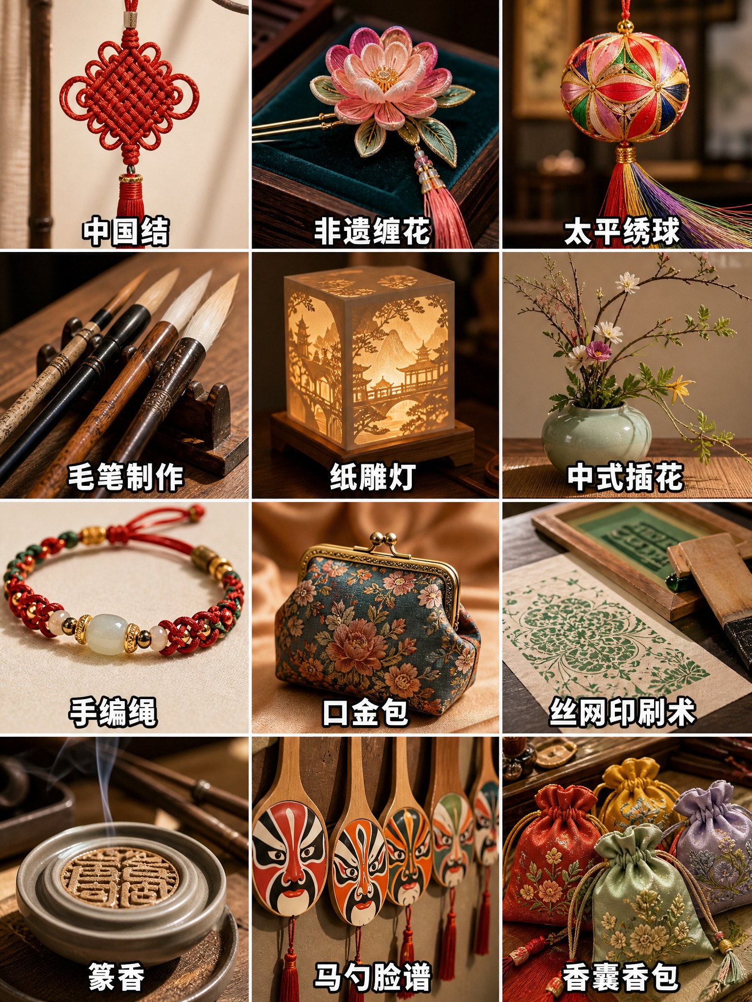 4行3列网格拼图布局的非遗手工作品合集海报，每个格子是一张真实… - 图片创意预览