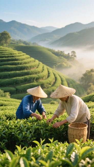 写实风格的茶园风光摄影，画面主体为层层叠叠、线条优美的绿色梯田茶园，前景是两名戴着传统竹编斗笠、身着朴素服饰的采茶人，一人穿蓝色上衣，一人着浅色衣衫，正俯身劳作，身旁放着竹编茶篓，晨雾弥漫的山间景象被改为明媚阳光下的晴朗天气，金色阳光洒在翠绿的茶芽上，叶片纹理清晰可见，远处山峦轮廓分明，天空呈现清澈的淡蓝色，光影明亮柔和，整体氛围清新自然、宁静祥和，展现出茶园生机勃勃的景象。预览效果