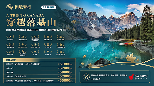 商业旅游宣传海报，「栩境奢行」品牌高端轻奢风格，无水印，无文字扭曲变形，文字边缘清晰锐利，整体湖蓝+墨绿主色调搭配金色点缀，氛围感高级精致，适合高端出境游宣传使用。
顶部信息栏包含日期更新标识「05.20更新」和品牌LOGO「栩境奢行」
主标题部分：英文是"A TRIP TO CANADA"，中文标题是《穿越落基山》，副标题：加拿大东西海岸+落基山+五大国家公园全境13/14日，核心标签：内陆双飞、班夫国家公园、蒙特朗布朗国家公园、优鹤国家公园、玛琳湖游船、五大特色餐、贾斯珀国家公园、库特尼国家公园、一价全含、无购物无自费、推一罚十、北上广深多地起止、含全餐、四钻酒店、含ADS签证费
价格信息区：日期&价格：06月27日、07月03日、10月10日（赏枫季）：¥51800/人；07月18日：¥52800/人；08月15日：¥58800/人；09月18日（赏枫季 特价）：¥52800/人；09月12日、09月19日（赏枫季）、09月21日（14日赏枫季）：¥55800/人
交通信息：甄选中国国际航空直飞，多伦多进，温哥华出，不走回头路，保留中国国际航空公司标识
画面主体为加拿大落基山脉的绝美湖景，碧绿的湖泊被雪山与森林环抱，光影柔和通透，色彩清新干净，还原落基山脉的壮阔质感，整体画面干净高级，光影层次自然，无过度曝光或死黑区域，高端轻奢氛围感，8K高清，所有文字必须清晰准确，边缘锐利，无扭曲变形