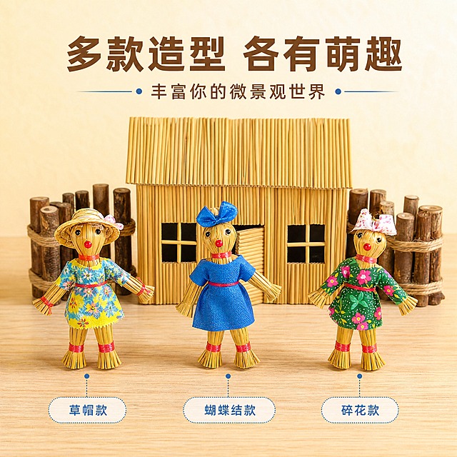 [商品] 使用【图5】多款稻草人玩偶（蓝衣蝴蝶结款、绿衣碎花款等）与稻草屋；保留各款稻草人不同服饰颜色与头饰差异、稻草屋主体结构；商品处理：保留所有款式的结构、颜色、材质和比例，自然去除背景杂物与手部，整齐排列展示多款式，不改变商品造型。
[画面] 目标：多款式多角度展示，丰富视觉层次。构图：三列并列展示版式，左中右各一款不同造型的稻草人，后方统一以稻草屋为背景呼应；三款稻草人呈一字排开，占画面约65%；顶部留白放标题，底部配款式名称标签；浅木色桌面背景。
[视觉] 套系策略：风格=温馨田园治愈风商业摄影；标题字=阿里巴巴普惠体粗体；正文字=阿里巴巴普惠体常规体；主色=暖木黄（秸秆原色）；背景延展=基于暖木黄做深浅层级、米白渐变和细腻木纹/纸质质感；强调色=田园蓝（稻草人裙子同色系），仅用于小面积图标、引线和标签；标题色=深棕褐；正文色=暖灰棕；组件=圆角浅底信息卡、细线引线、圆点装饰；光影=左前侧暖柔光，柔和自然阴影。
[文字] 顶部主标题：「多款造型 各有萌趣」，副标题：「丰富你的微景观世界」；每款下方配短标签：「草帽款」「蝴蝶结款」「碎花款」；所有文字横排，阿里巴巴普惠字体。
[规格] 图片比例1:1方版，4K分辨率，负向提示：避免变形、错字、文字过小、冷蓝/冷灰背景、商品颜色改变、结构失真、极限词、违禁词、平台Logo、小标致图案、天然/环保/原生态字样。