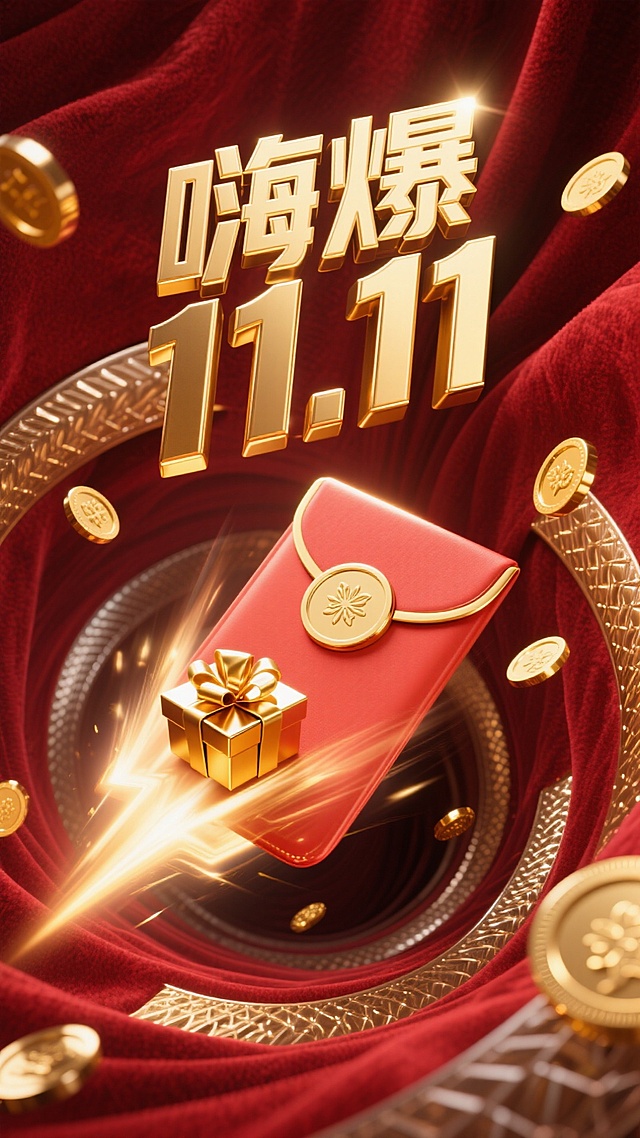 8K 超高清画质，如电影级商业广告画面般精致，摄影级别的专业呈现。画面以浓郁的红色作为背景主色调，仿佛是红丝绒质地，散发着奢华且热烈的光泽。醒目的标题 “嗨爆 11.11” 以立体金色大字呈现，字体边缘闪烁着光芒，极具视觉冲击力。红包如流星般从螺旋通道高速飞出，红包表面清晰印着 “11.11”，通过细腻的光影刻画，高光部分闪耀着金属质感，暗部则深邃神秘，凸显红包的立体感与动感。螺旋通道向远处的消失点延伸，通道内壁有着金属的光泽和纹理，营造出强烈的空间纵深感。通道内部有几个礼盒与金币不规则地漂浮着，礼盒包装精致，金色的花纹与红包相呼应，金币反射出耀眼的光芒，增添画面的华丽感。整体画面通过巧妙的光影运用，着重突出红包的主体地位，同时营造出神秘深邃的氛围。