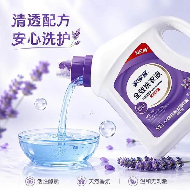 [主图-3] 家家宜薰衣草全效洗衣液质地成分细节图
[氛围风格] 纯净通透质感风，展示产品质地纯净
[画质] 商业摄影质感、光线柔和通透、产品清晰真实、画面干净高级
[元素] 家家宜洗衣液瓶斜放在画面上半部分，下半部分透明玻璃容器中倾倒出浅蓝色洗衣液质地，搭配水滴气泡和新鲜薰衣草花瓣，展示清透质地；保持洗衣液瓶外观、物理结构、材质质感、颜色与输入产品图绝对一致，杜绝任何变形和色差，精细化处理；产品占比约65%，整体画面干净
[光影] 侧逆光拍摄，突出洗衣液清透质感，光线柔和明亮，细节清晰
[配色] 主色调浅透蓝+白色+薰衣草紫，清新自然，突出洁净感
[视角构图] 平视略微俯视，主体突出，层次分明
[文字版式] 顶部写"清透配方 安心洗护"，紫色大字；底部标注成分卖点："活性酵素 天然香氛 温和无刺激"，小字灰色排列，不遮挡主体；文字清晰可读
[比例分辨率] 1:1比例，2048*2048，4k分辨率，文字清晰可辨
[负向提示词] 变形，文字错乱，产品图模糊，背景杂乱，水印，电商平台Logo