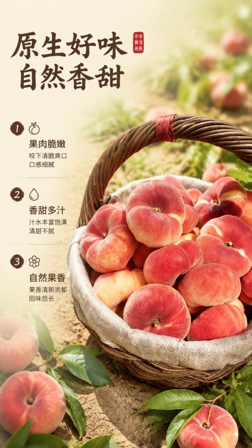 [第5屏] 口感特点讲解屏，描述平谷蟠桃脆甜可口的口感优势。本屏使用【图2】篮装蟠桃展示。
[氛围/风格] 自然田园风，简单淳朴，真实诱人。
[元素布局] 藤篮中的蟠桃占据画面中部，占比约65%；背景预览效果