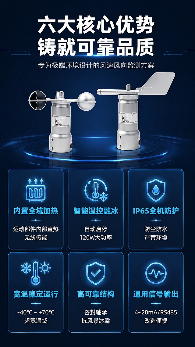 [第3屏] 核心卖点总览——6大共有核心亮点卡片式总览。本屏使用【图6】两款产品组合作为产品展示元素。
[氛围/风格] 科技信息图风格，深蓝底+银灰卡片，专业清晰，信息层级分明。
[元素布局] 顶部标题区，中部偏上放置两款传感器产品组合小图（占比约25%），下方6个卖点卡片分2行3列排列；每个卡片含图标+标题+简短说明；卡片间有细微间隔，整体规整。
[光影质感] 均匀柔光，产品图清晰，卡片有轻微投影和科技发光边框，层次分明。
[配色色系] 全局底色 #0F1B2D 深蓝；卡片底色 #1A2A42 稍浅蓝；主标题白色；卖点标题科技蓝 #4DA6FF；图标青蓝色发光。
[视角构图] 上下结构，顶部标题→中部产品小图→底部6卡卖点矩阵，阅读动线自上而下。
[文字版式] 顶部主标题「六大核心优势 铸就可靠品质」白色加粗；副标题「专为极端环境设计的风速风向监测方案」浅灰小字；6个卖点卡片分别为：1）「内置全域加热」运动部件内部直热 无线传能；2）「智能温控融冰」自动启停 120W大功率；3）「IP65全机防护」防尘防水 严苛环境；4）「宽温稳定运行」-40℃~+70℃超宽温域；5）「高可靠结构」密封轴承 抗风暴冰雹；6）「通用信号输出」4~20mA/RS485 改造便捷；每卡图标在上，标题居中，说明在下；文字清晰可读。
[比例分辨率] 9:16竖版比例，4K分辨率，文字清晰可辨，高清画质。
[负向提示词] 产品变形，缺件错件，文字错乱，文字过小，水印，卡片模糊，颜色偏差。