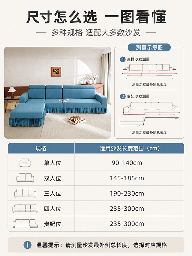 [第7屏] 尺寸选购指南-多规格适配说明。本屏使用【图1】作为产品标准展示图。
[氛围/风格] 清晰信息图风格，简约实用，温馨家居底色，商业设计质感，选购一目了然。
[元素布局] 画面左侧为湖蓝色L型贵妃沙发套标准展示图（使用【图1】缩小处理），右侧为尺寸选购表格；表格包含：单人位/双人位/三人位/四人位/贵妃位 五种规格，每种规格标注适用沙发长度范围；表格上方有测量示意图（简笔画风格展示测量方法）；底部有温馨提示：测量时请量沙发最外侧尺寸；背景为奶油米色。
[光影质感] 产品图保持自然光感，表格区域平光清晰，整体明亮易读。
[配色色系] 全局底色 #F5F0E8（奶油米白）；主色湖蓝色 #4A90B8；辅助色深灰文字、浅灰表格线。
[视角构图] 左右分栏布局，左图右表，阅读动线顶部标题 → 左侧产品图+右侧尺寸表 → 底部测量提示。
[文字版式] 版式为顶部大标题 + 左图右表 + 底部提示。主标题「尺寸怎么选 一图看懂」，副标题「多种规格 适配大多数沙发」，粗黑体居中；表格内文字：规格列、适用长度列，清晰对齐；底部提示文字：「温馨提示：请测量沙发最外侧总长度，选择对应规格」；所有文字清晰可读，表格字号适中。
[比例分辨率] 3:4 竖版比例，4K 分辨率，文字清晰可辨，高清画质。
[负向提示词] 表格错乱，文字过小，产品变形，颜色偏差，水印，信息模糊。