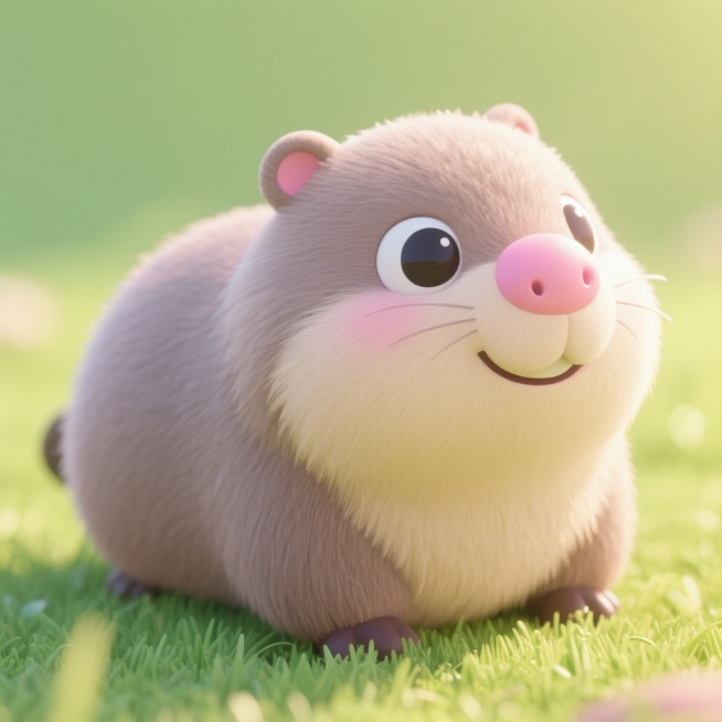 一只超可爱的水豚，圆滚滚的身体，大大的眼睛，粉色的鼻子，微笑的表情，毛发柔软蓬松，背景是浅绿色的草地，阳光明媚，整体风格软萌治愈预览效果