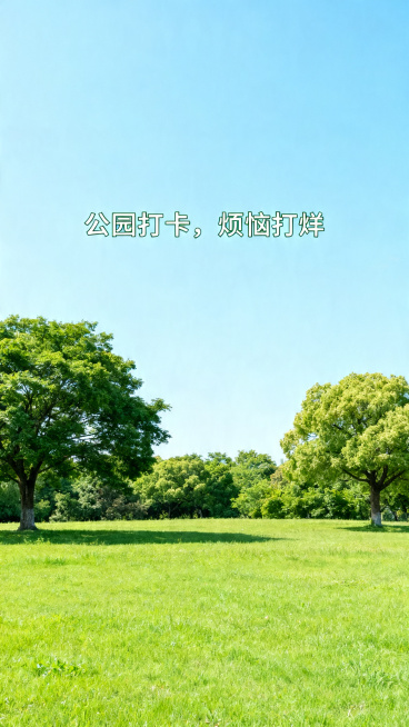春日公园打卡风景海报，画面添加文字文案："公园打卡，烦恼打烊"，清新治愈风格，绿色草地树木，晴朗蓝天，休闲放松氛围，文字清晰醒目，整体构图舒适美观预览效果