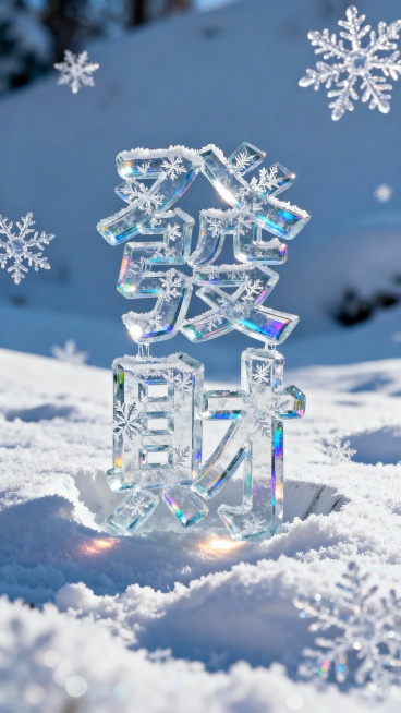 背景是皑皑白雪个别特写的雪花：前景是晶莹剔透“发财”蓬松雪花繁体字，冰雕雪花纹理描边，多层冰块玻璃质感叠加有一定厚度，重重的扎在松软白茫茫的雪地里，文字四周有深深的凹痕，有道光线照射在边缘上，文字折射预览效果