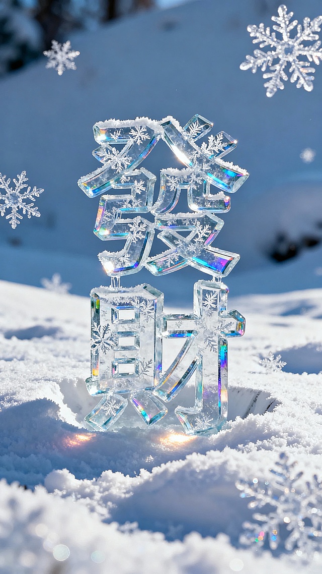 背景是皑皑白雪个别特写的雪花：前景是晶莹剔透“发财”蓬松雪花繁体字，冰雕雪花纹理描边，多层冰块玻璃质感叠加有一定厚度，重重的扎在松软白茫茫的雪地里，文字四周有深深的凹痕，有道光线照射在边缘上，文字折射出彩色光泽。画面清透明亮极致高清