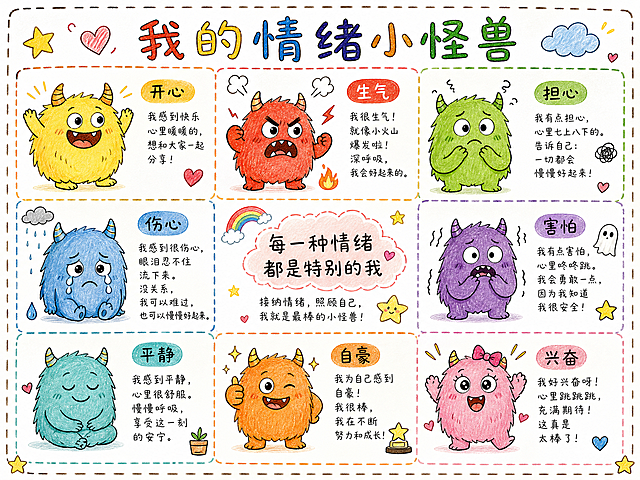 A4尺寸，主题为"我的情绪小怪兽"，手绘卡通简笔画风格，分为九宫格布局，每格展示不同情绪的小怪兽，包含伤心情绪小怪兽形象和带有治愈语言的文字区域，内容丰富，整体简洁可爱，适合儿童画