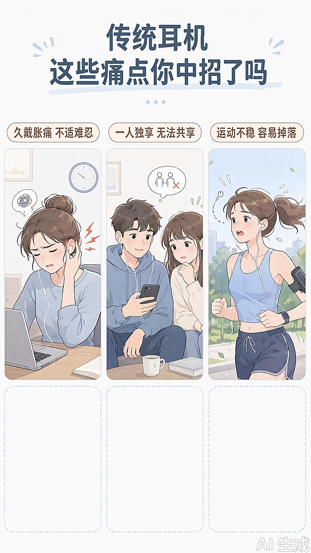 [第2屏] 痛点直击，对比传统单耳机的使用局限。本屏无需产品图，用漫画清新风表达痛点场景。[氛围/风格] 简约漫画风，清新浅背景，线条柔和，图文清晰。[元素布局] 上半部分绘制三个日常使用痛点场景小插图：传统耳机久戴胀痛、单次只能一人听、运动易掉落；下半部分留白放痛点标题和文字描述，每个痛点配醒目标题框。[光影质感] 均匀柔光，无明显硬阴影，干净清爽。[配色色系] 全局底色 #FAFAFA，主色浅灰蓝，辅助色浅棕标注。[视角构图] 从上到下阅读，三格均等分构图。[文字版式] 顶部大标题「传统耳机 这些痛点你中招了吗」，每个痛点配10字以内短标题：「久戴胀痛 不适难忍」「一人独享 无法共享」「运动不稳 容易掉落」，痛点文字加粗置于插图上方，文字清晰不遮挡插图。[比例分辨率] 9:16竖版比例，分辨率4K，文字清晰可辨，高清画质。[负向提示词] 画面杂乱，文字模糊，排版拥挤，配色暗沉