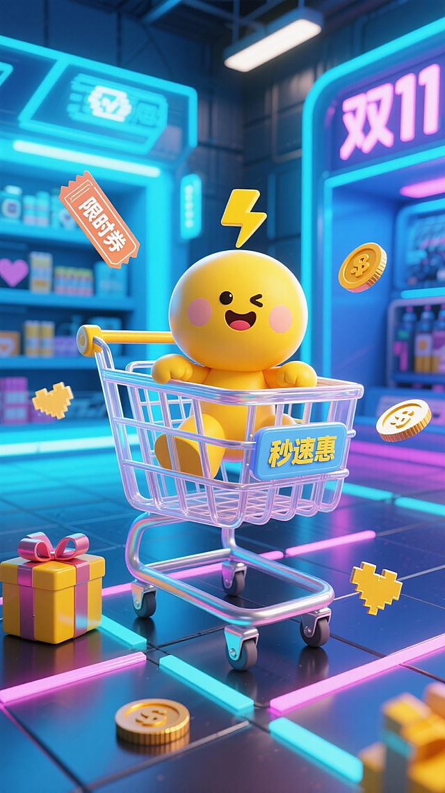 软3D风卡通角色坐购物车，霓虹灯科技感商场背景，搭配塑料质感元素与双11促销信息，充满未来感与趣味感。