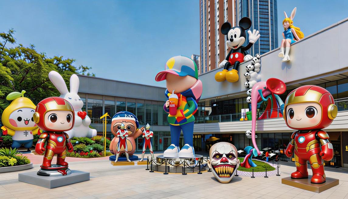 将画面中两个红金配色的机甲人形雕塑替换为原创的Q版可爱卡通红金机甲形象，造型圆润可爱，拥有圆圆的大眼睛，风格和整体场景的卡通潮玩质感统一，保持1920*1080尺寸和清晰画质预览效果