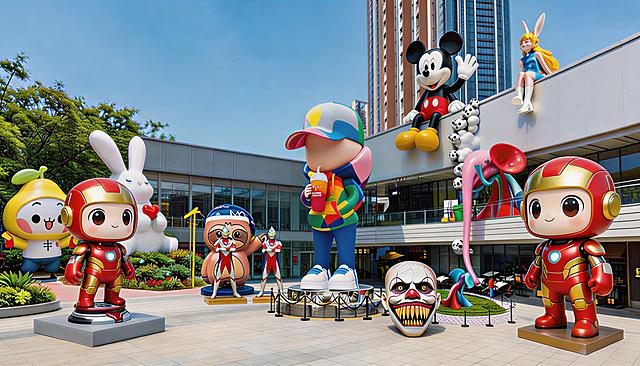 将画面中两个红金配色的机甲人形雕塑替换为原创的Q版可爱卡通红金机甲形象，造型圆润可爱，拥有圆圆的大眼睛，风格和整体场景的卡通潮玩质感统一，保持1920*1080尺寸和清晰画质