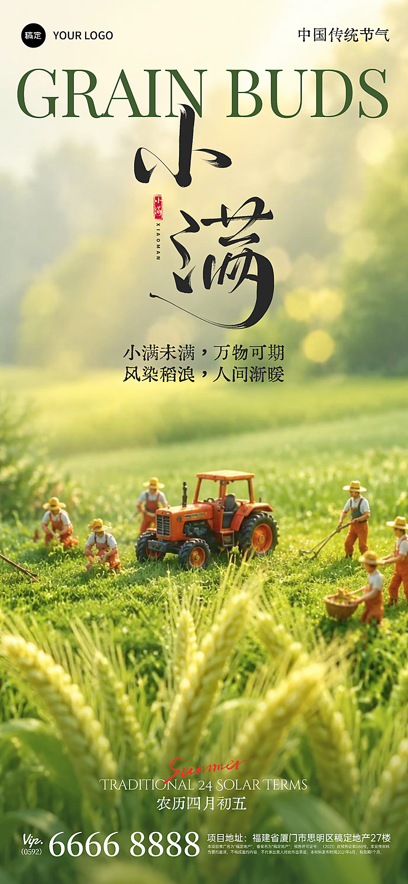 传统文化小满节气习俗宣传祝福简约风全屏竖版海报