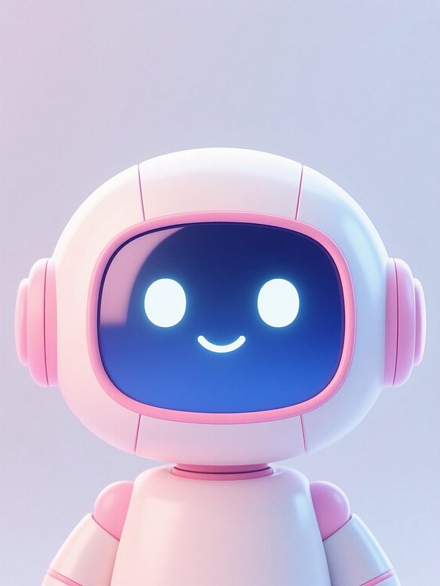 一个卡通风格的机器人头部特写，整体呈现圆润可爱的造型，主体颜色为柔和的粉白色渐变，面部是深邃的亮蓝色面板，面板上有两个对称的圆形白色发光眼睛，眼睛下方有一条简单的微笑弧线，头部两侧有粉色的圆形耳朵，边缘有粉色的细线条勾勒，整体光影柔和，充满友好温暖的氛围，设计简洁明快，具有鲜明的卡通感和亲和力。
