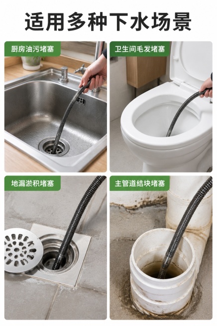 [第3屏] 场景适配页-12毫米加密管道疏通弹簧适用场景展示。本屏使用【图1】产品主体。
[氛围/风格] 写实生活场景风，清晰展示使用环境，贴近家居日常。
[元素布局] 顶部主标题，下方四宫格展示四个预览效果