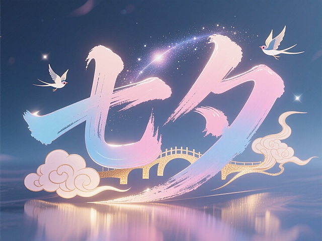 梦幻插画风，大字“七夕”悬浮夜空，星光闪烁，双燕飞舞，桥连云端，浪漫节日氛围。
