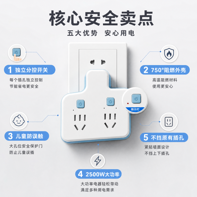 [主图-2] 拓展插座核心卖点展示图。
[氛围风格] 灰白色简约干净家居风格
[画质] 商业摄影质感、光线柔和通透、产品清晰真实、画面干净高级
[元素] 公牛拓展插座居中放置，保持产品外观（物理结构、预览效果
