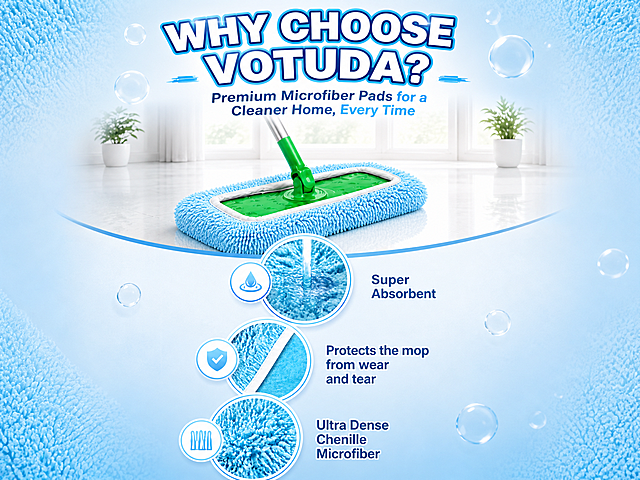 [第4张 产品工艺卖点] WHY CHOOSE VOTUDA工艺卖点Banner，1200:900竖版比例重新排版。卖点内容不变：Super Absorbent / Protects the mop from wear and tear / Ultra Dense Chenille Microfiber。竖版上下布局：顶部大标题区WHY CHOOSE VOTUDA?加副标题；中部偏上展示拖把拖地场景；下方三个圆形特写卖点竖向或品字形排列，每个圆形带图标和文字标签；蓝白渐变背景，蓬松纤维纹理，泡泡水滴装饰，与整套风格统一。