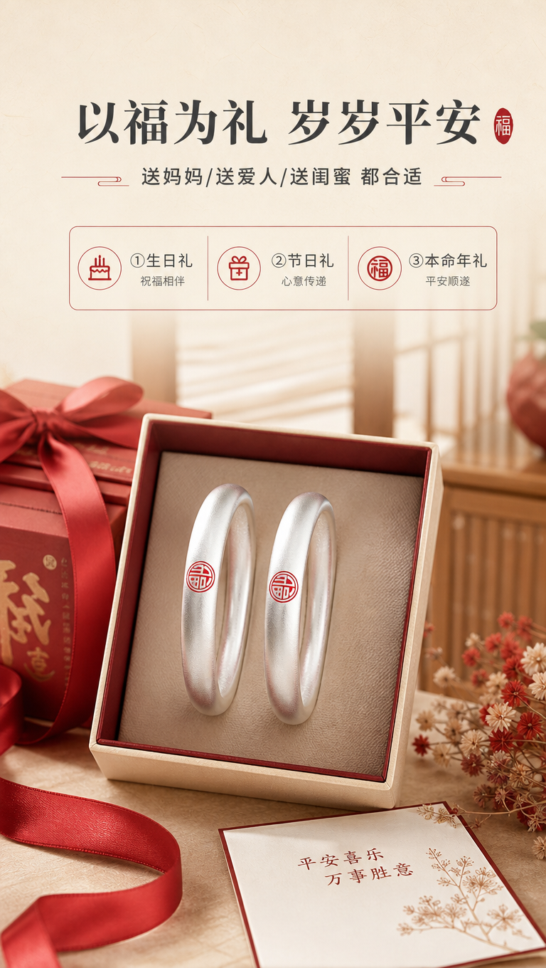 [商品] 使用【图1】古法描红福字足银手镯双只对镯；保留闭口圆… - 图片创意预览
