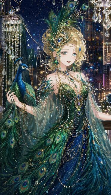 将图中的女生改造为以孔雀为主体的形象，整体配色以绿色和蓝色为主预览效果