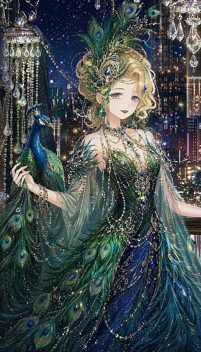 将图中的女生改造为以孔雀为主体的形象，整体配色以绿色和蓝色为主