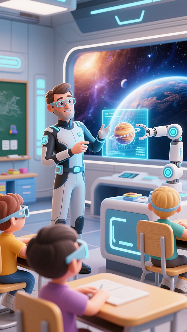 未来感3D教室，科技感十足的虚拟现实教学，卡通风格学生沉浸式学习。