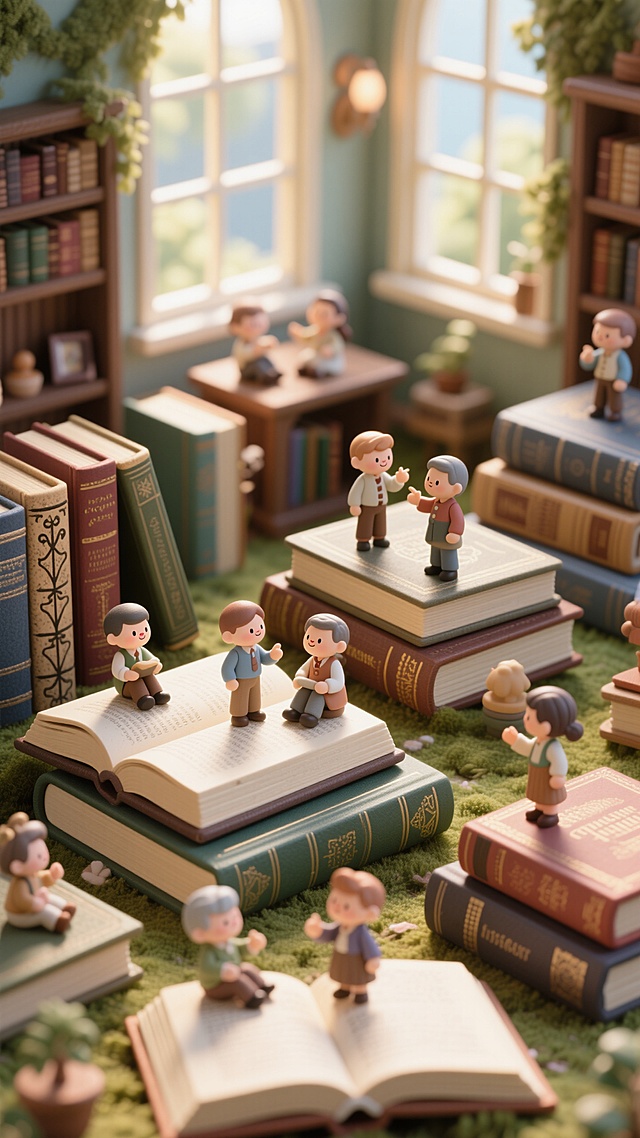 可爱卡通3D风，微缩艺术展现超现实主义书本世界，人物在书页间互动，充满童趣与想象力。