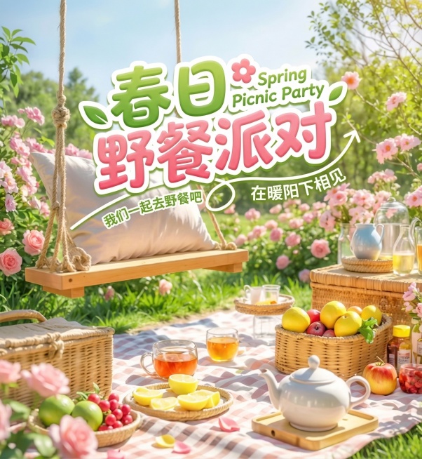 生成和参考图类似风格的春日野餐主题海报，清新明亮的春季户外场景，木秋千、野餐布、野餐篮、水果、茶饮、盛放的粉色花卉，绿色草地树林蓝天背景，搭配可爱活泼的艺术字体标题，整体温馨治愈充满春日氛围感预览效果