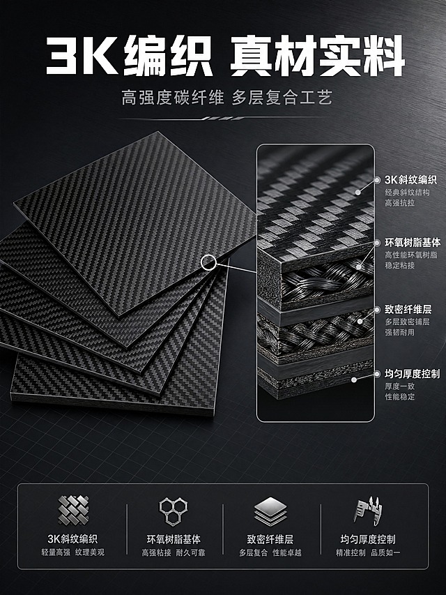 [商品] 使用【图1】碳纤维板材，保留黑色3K斜纹编织纹理、方形形态、厚度层次和哑光质感；做局部剖面放大展示内部编织结构。
[画面] 目标为材质结构解析页。左侧展示碳纤维板整体，右侧做局部放大剖面，清晰展示3K斜纹编织的经纬交错结构和多层复合结构。用银色引线标注关键结构：碳纤维表层、树脂基体、编织纹理、均匀厚度。产品占画面约60%。背景为深灰渐变，突出材质细节。
[视觉] 套系策略：风格=高端工业科技商业摄影；标题字=粗黑无衬线工业字体；正文字=简洁无衬线体；主色=深炭黑+深灰；背景延展=深灰到炭黑渐变，叠加细腻金属拉丝纹理和工业网格；强调色=金属银灰，仅用于小面积图标、引线、标签和高光点缀；标题色=纯白；正文色=浅银灰；组件=深色半透明信息卡、银色细线引线、工业风图标；光影=右前侧硬光+轮廓光，突出碳纤维纹理立体感。
[文字] 顶部主标题「3K编织 真材实料」，副标题「高强度碳纤维 多层复合工艺」。引线标注4个结构点：3K斜纹编织、环氧树脂基体、致密纤维层、均匀厚度控制。文字全部横向排版，不遮挡关键纹理。
[规格] 图片比例3:4竖版，4K分辨率，避免变形、错字、文字过小、纹理模糊、剖面结构失真。