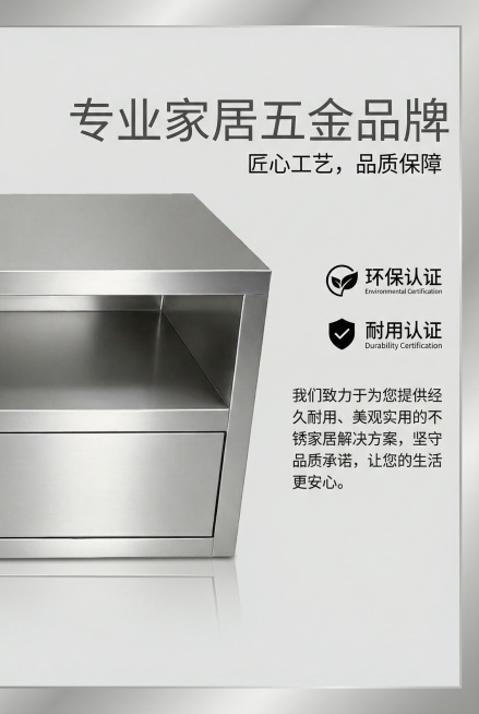2:3竖屏，严格还原上传的不锈钢储物柜产品图，包括金属拉丝质感、开放式储物格、隐藏式抽屉等所有细节，产品外观必须与参考图完全一致，不得改变包装设计、配色方案或结构元素，保持不锈钢的真实高光金属质感。品预览效果