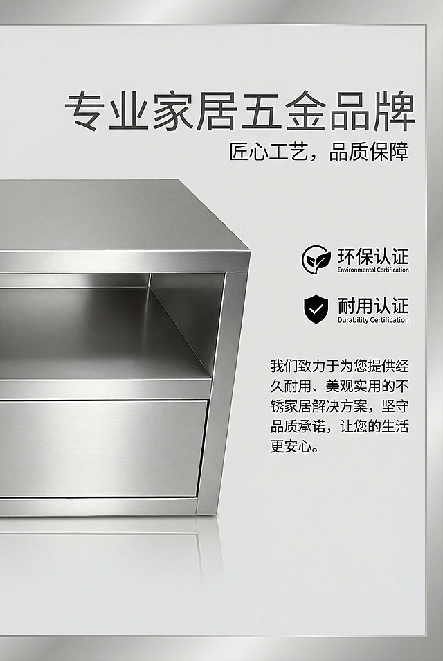 2:3竖屏，严格还原上传的不锈钢储物柜产品图，包括金属拉丝质感、开放式储物格、隐藏式抽屉等所有细节，产品外观必须与参考图完全一致，不得改变包装设计、配色方案或结构元素，保持不锈钢的真实高光金属质感。品牌与品质背书页，主标题「专业家居五金品牌」，副标题「匠心工艺，品质保障」，产品特写搭配品质认证标识（如环保认证、耐用认证），左侧为产品特写，右侧为认证信息与品牌理念，无衬线字体排版，杂志风精致布局，突出品牌的权威性与品质保障，30秒内抓住用户视觉，整体风格统一，无割裂感。禁止使用虚假认证标识，禁止添加无关品牌元素，禁止改变产品设计，禁止使用杂乱背景，禁止出现非参考图中的设计元素。