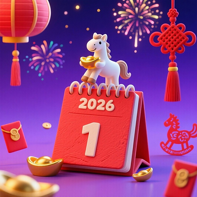 画面中心是带 “2026” 字样在上方，“1” 在下方的红色台历，台历上方坐着持金元宝的白色小马，背景为深紫渐变夜空（点缀烟花），周围环绕金元宝、小红包、朱红流苏灯笼、盘长中国结、马形生肖剪纸。
