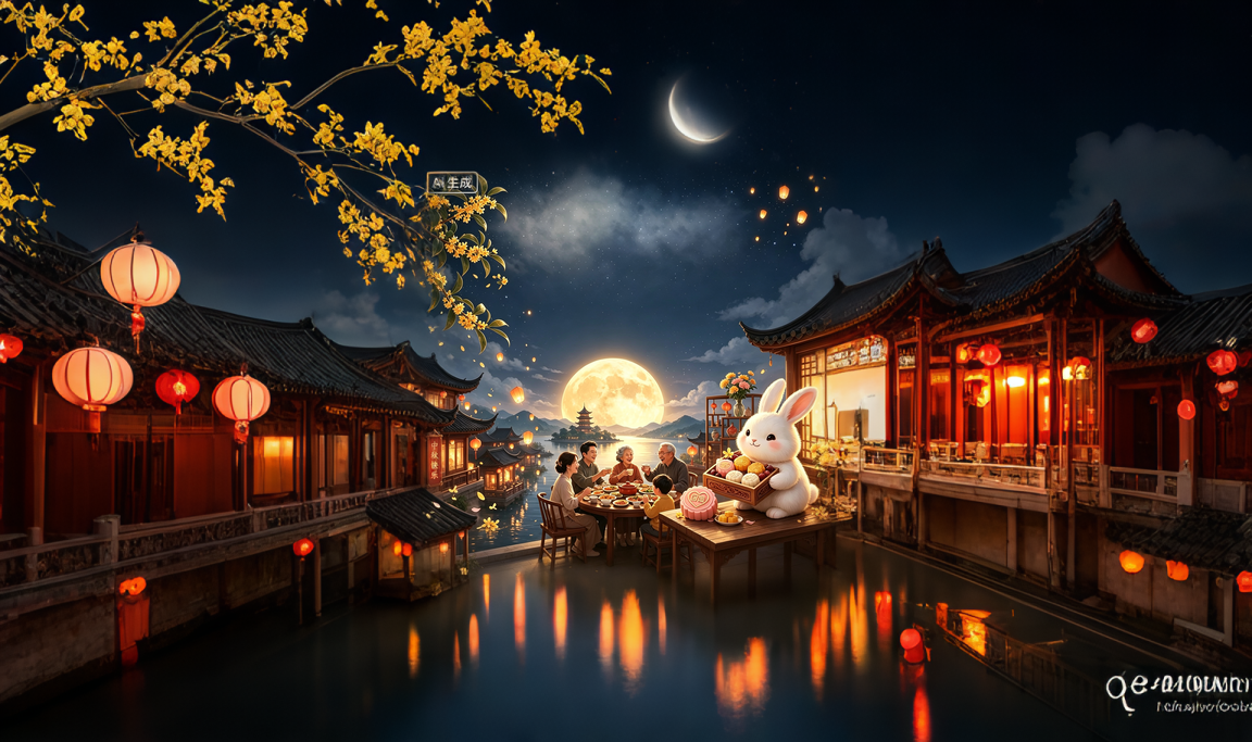 向画面左右两侧自然延伸中秋团圆夜景：深蓝色夜空布满繁星，一轮明… - 图片创意预览
