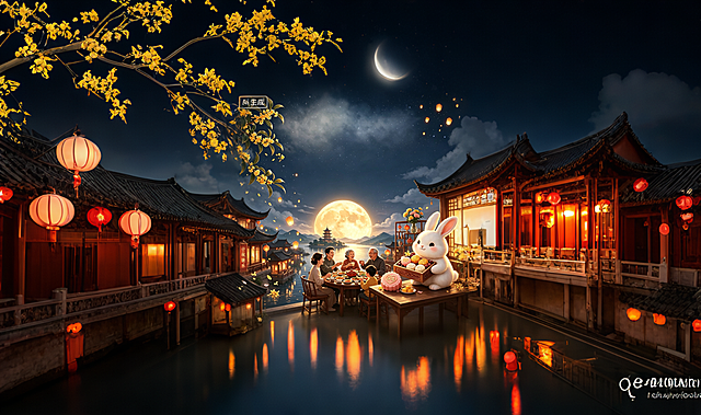 向画面左右两侧自然延伸中秋团圆夜景：深蓝色夜空布满繁星，一轮明亮满月居中偏上，左侧继续延伸垂落的桂花枝条与红灯笼中式古典建筑、水面倒影，右侧继续延伸中式飞檐建筑、孔明灯与宁静水道，色调与原图保持一致（深蓝、金黄、暖橙），光线柔和，画面无缝衔接，不改变原图主体人物、圆桌、玉兔与建筑的形态和颜色。