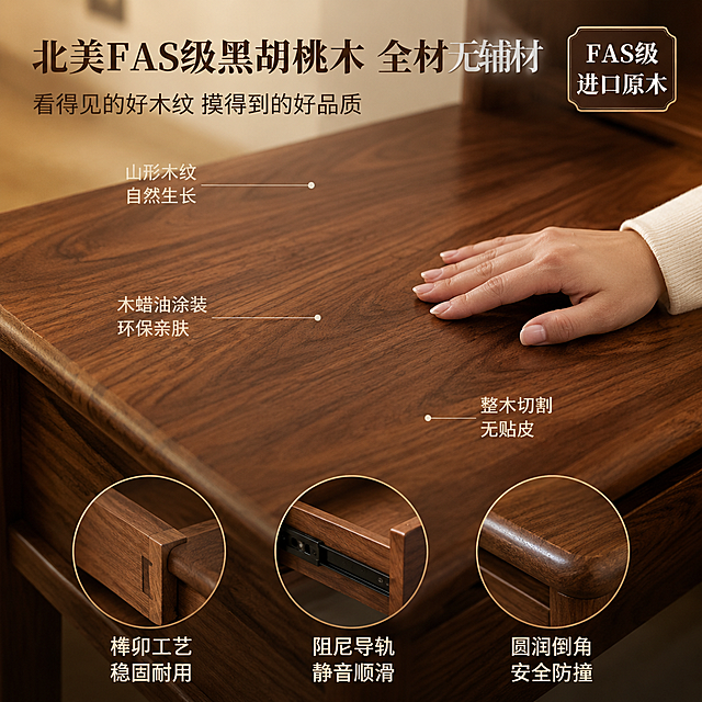 [主图-3] 北美黑胡桃木材质工艺细节特写图
[氛围风格] 高级材质透视 自然原木质感 温润精致
[画质] 商业摄影质感 微距超高清 木纹细节纤毫毕现 画面干净高级
[元素] 全屏放大展示北美黑胡桃木的精美山形木纹与细腻质感，木面为化妆桌台面局部特写，木纹自然流畅，呈现深浅交替的棕褐色山形纹理，木蜡油涂装呈现温润哑光质感，触感细腻。画面一角有一只女性手轻轻抚摸桌面，手指修长，指甲干净，突出亲肤触感。背景虚化延续中古风卧室暖调环境。产品材质颜色与输入产品图完全一致。画面下方嵌入三个小圆形特写图：左图为榫卯结构边角特写，中图为抽屉导轨细节，右图为圆润倒角处理。商品主体材质占画面主要区域。
[光影] 柔和侧光斜打在木面上，形成明暗过渡，完美呈现木纹的立体感与凹凸质感；高光处温润有光泽，暗部有层次不发黑；整体暖调，突出木材的自然温度。
[配色] 主色胡桃木深浅棕；辅色暖金、米白；强调色极少量肤色
[视角构图] 俯视微斜微距特写，木纹纹理为视觉中心；景深较浅，背景虚化，手部与木纹清晰。
[文字版式] 顶部主标题粗体深棕色："北美FAS级黑胡桃木 全材无辅材"，副标题浅棕色："看得见的好木纹 摸得到的好品质"。木纹主画面上用细线引线标注三处细节："山形木纹 自然生长""木蜡油涂装 环保亲肤""整木切割 无贴皮"。底部三个圆形特写下方分别配文字标签：左"榫卯工艺 稳固耐用"，中"阻尼导轨 静音顺滑"，右"圆润倒角 安全防撞"。右上角圆角徽章深棕底金边白字："FAS级 进口原木"。
[输出要求] 1:1比例，文字清晰锐利，超高清微距商业摄影质感
[负向提示词] 变形，文字错乱，产品图模糊，背景杂乱，水印，电商平台Logo，多余的手指，畸形手，手部扭曲