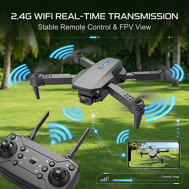 1:1 square composition, 8K ultra HD, tech minimalist magazine layout, Southeast Asian bright tech style, strict restore the original drone product details, unfolded size 25*25cm. Main title: "2.4G WIFI REAL-TIME TRANSMISSION", subtitle: "Stable Remote Control & FPV View". The drone is hovering in the outdoor lawn scene, with wireless signal dynamic effect icon overlay, match with remote control partial close-up. Text layout on the bottom of the frame, tech sense element decoration, clear picture hierarchy, highlight stable signal, real-time image transmission and long-distance remote control functions, high-end tech visual sense.