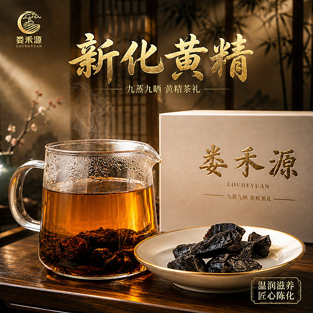 将第二张图中的黄精产品替换到第一张图右下角的白瓷金边盘子里，保持第一张图原有的光影、色调、中式古风氛围和所有文字、logo、背景、杯子、礼盒等元素不变，黄精的摆放自然，光影与原图一致，质感真实融合自然