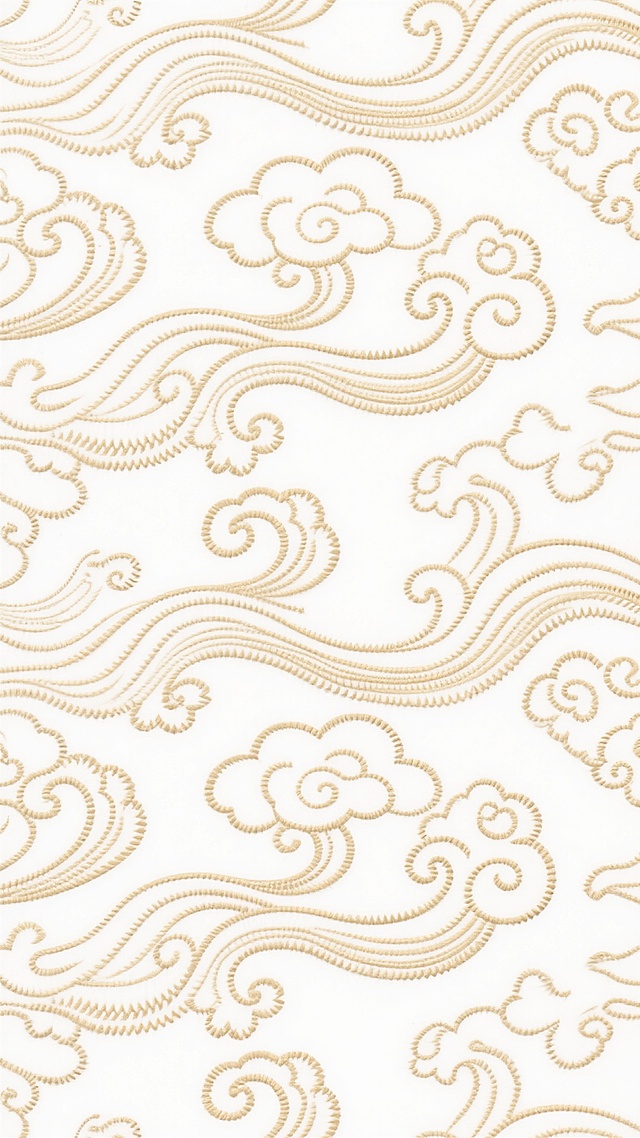 传统中式云纹波浪纹样无缝背景，浅金色线条勾勒，线条细腻流畅，卷曲形态自然灵动，云纹与波浪纹相互穿插呼应，整体呈现出对称均衡的古典美学，背景为纯白色，纹样排列紧密有序且富有节奏感，保持传统中式刺绣般的精致质感与典雅韵味，变换云纹样式为更具流动感的卷云形态，部分云纹边缘添加细密的锯齿状装饰线条，波浪纹弧度增大并融入如意纹元素，整体风格统一于传统中式装饰美学体系。