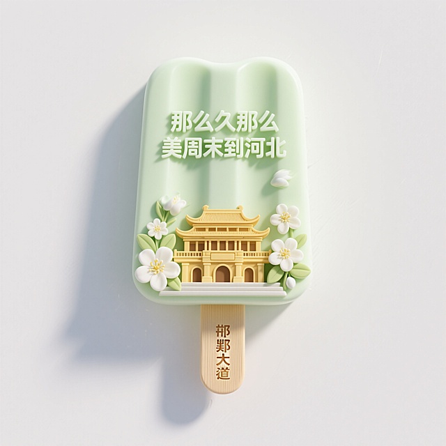 文创雪糕，画面主体为“那么久那么美周末到河北”，邯郸道黄金楼建筑、茉莉花元素装饰，浅绿色