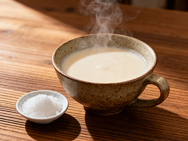 暖阳洒落，木纹桌面上热饮升腾，粗陶杯与细瓷碟呼应质朴东方韵，光影交织间，重拟物风再现东亚茶事静谧之美。