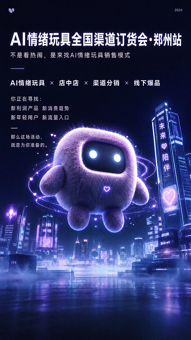 基于原图的蓝紫色未来毛绒机器人背景，添加文字排版：主标题"AI情绪玩具全国渠道订货会•郑州站"，副标题"不是看热闹，是来找AI情绪玩具销售模式"，聚焦文字：AI情绪玩具 × 店中店 × 渠道分销 × 线下爆品，正文文字：你正在寻找： 新利润产品 新消费趋势 新年轻用户 新流量入口 那么这场活动， 就是为你准备的。保持原有的未来赛博风格，蓝紫色霓虹光效，苹果发布会简约高级排版，大面积留白，超现实主义，电影级光影，海报设计