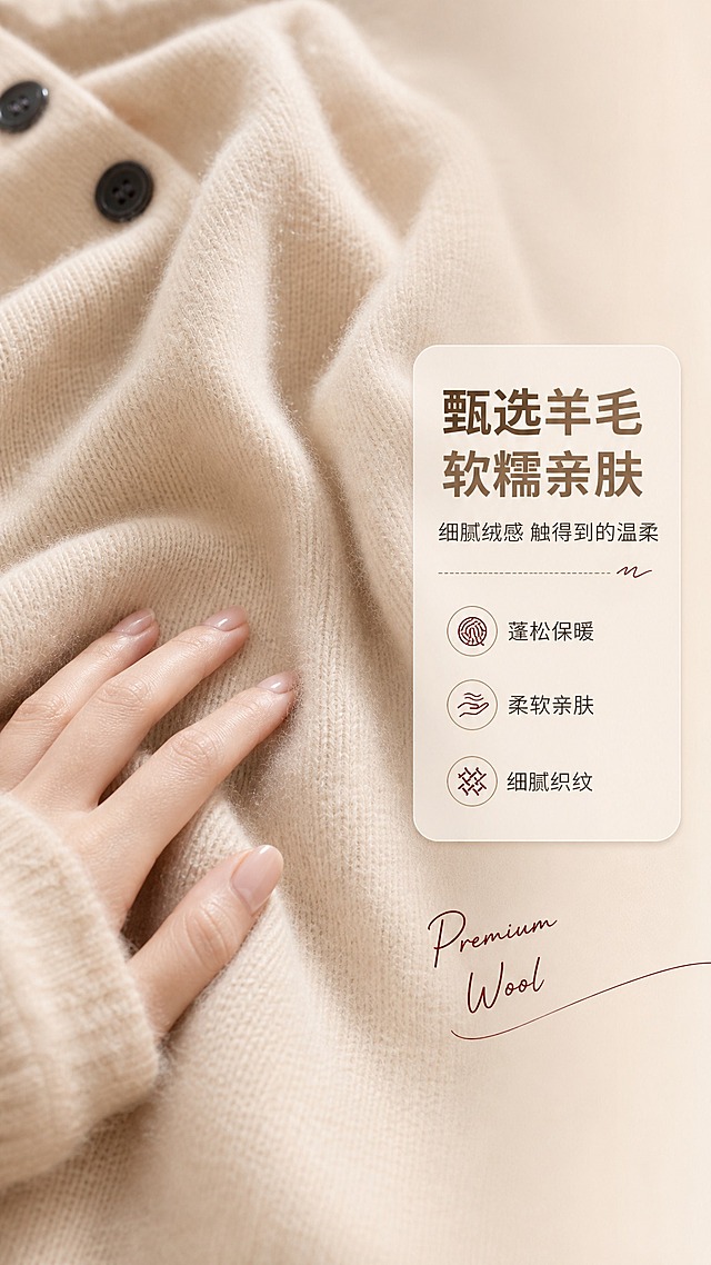 [商品] 使用【图2】【图8】米杏色羊毛面料特写；商品处理：保留羊毛纤维的自然绒感、细腻针织纹理和米杏色调；增强纤维光泽和蓬松质感，去除杂点，让面料纹理更清晰饱满，不改变材质本色。
[画面] 目标：面料材质页，证明羊毛品质与触感。画面主体为大幅羊毛面料微距特写，面料自然堆叠形成柔和褶皱，光线从斜上方打下来，凸显每一根羊毛纤维的绒感和光泽。左下角有一只年轻女性的手轻轻抚过面料，手指轻触表面，体现柔软触感。右侧留白放文字信息卡，背景为同色系浅米色渐变。
[视觉] 套系策略：风格=温柔知性通勤风商业摄影；标题字=思源黑体粗体，带轻微米杏色渐变；正文字=思源黑体常规体；主色=米杏色；背景延展=基于米杏色做深浅层级、同色渐变和细腻织物/哑光墙面质感；强调色=酒红色，仅用于小面积图标、引线和标签；标题色=深暖棕；正文色=中暖灰；组件=圆角浅底信息卡、细线引线、手写体英文装饰；光影=左前侧暖柔自然光。
[文字] 右侧中部信息卡，主标题：「甄选羊毛 软糯亲肤」，副标题：「细腻绒感 触得到的温柔」，下方三个短点：蓬松保暖、柔软亲肤、细腻织纹。文字横排，不遮挡面料主体纹理。
[规格] 图片比例9:16竖版，4K，避免变形、错字、文字过小、冷蓝背景、面料颜色改变、材质失真、极限词。